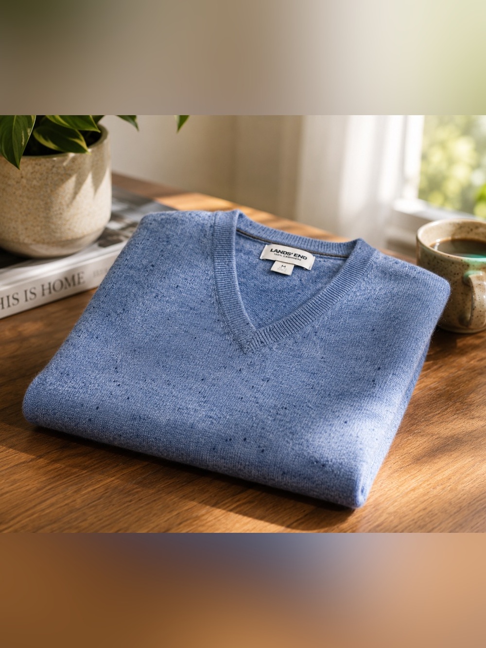 Lands’ End 100% Cashmere Blue Speckled V-Neck Sweater | Men’s M